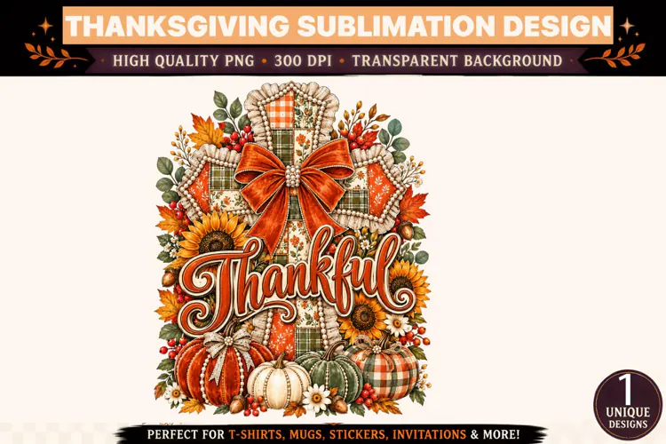 Thankful PNG, Thanksgiving Sublimation Design, Rustic Pumpki