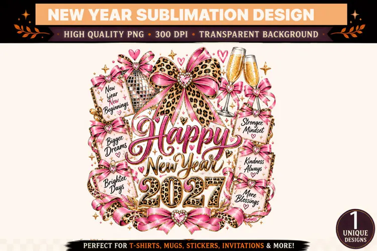 Happy New Year 2027 PNG, Pink Leopard Print Sublimation Desi