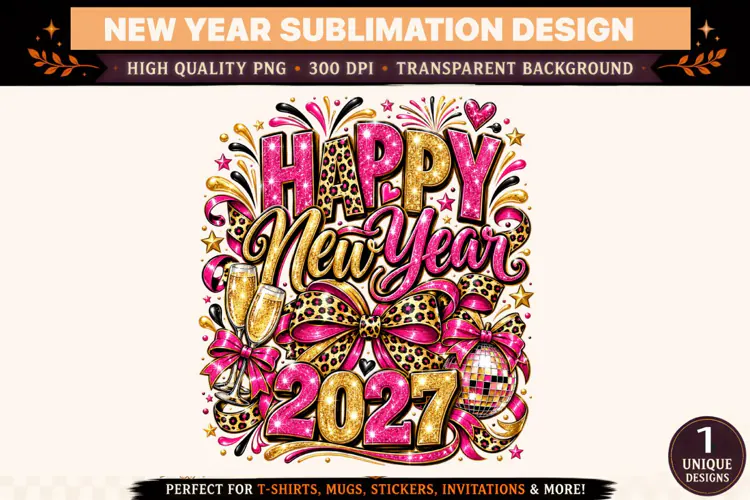 Happy New Year 2027 PNG, Pink Gold Leopard Print Sublimation