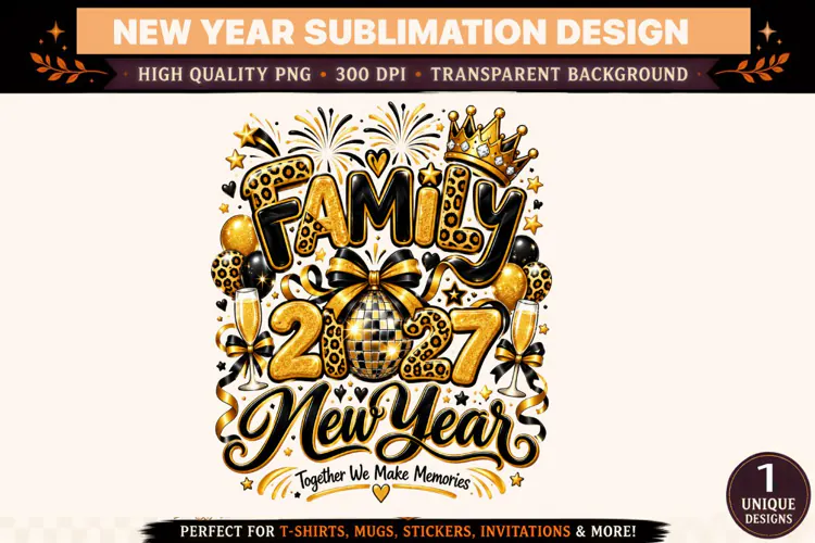 Family 2027 New Year PNG, Black Gold Disco Ball Sublimation