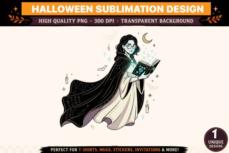 Witch Reading Spell Book PNG, Gothic Witch Halloween Sublima example image 1