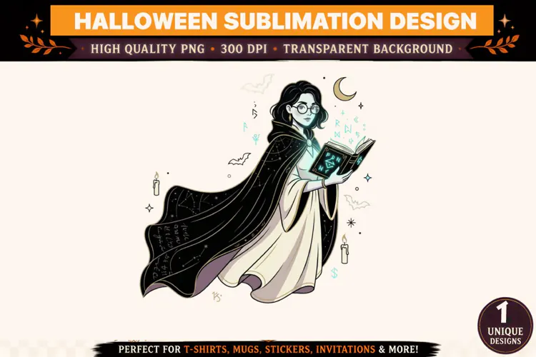 Witch Reading Spell Book PNG, Gothic Witch Halloween Sublima