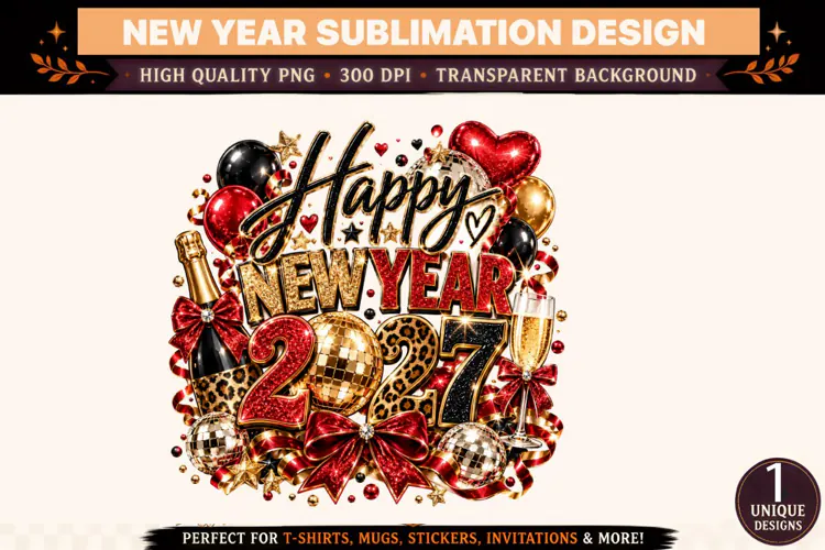 Happy New Year 2027 PNG, Black Red Gold Sublimation Design,