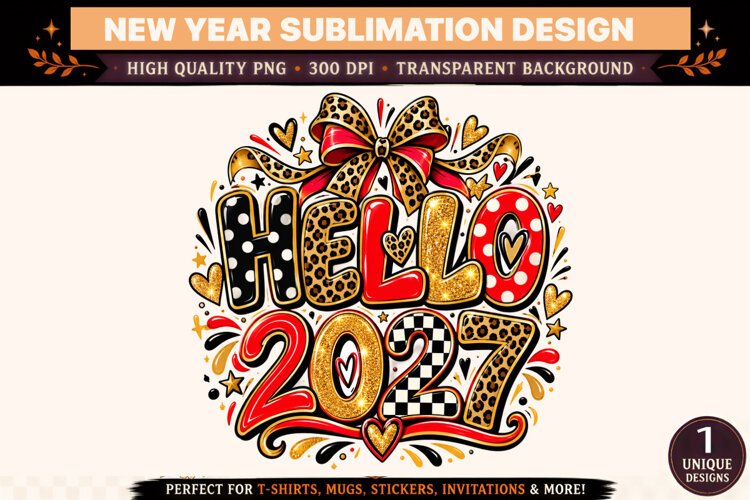 Hello 2027 PNG, New Year Sublimation Design, Red Gold Leopar example image 1