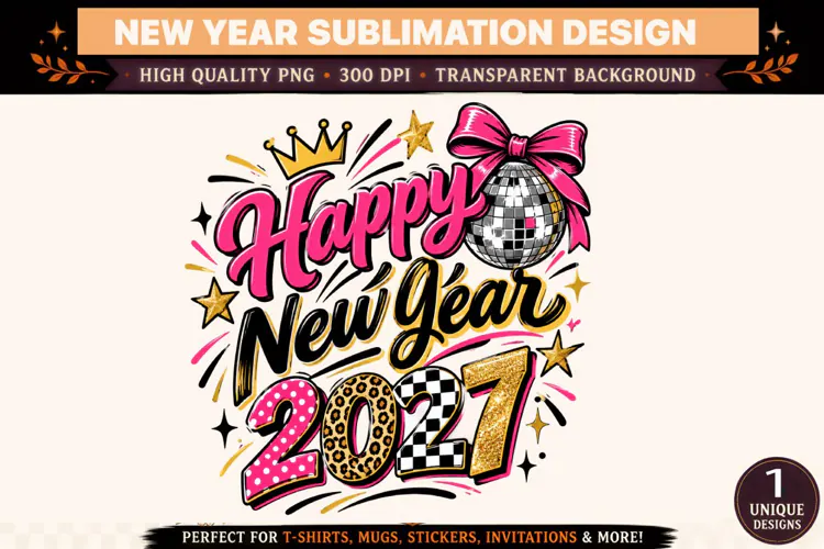 Happy New Year 2027 PNG, Pink Black Gold Disco Ball Sublimat