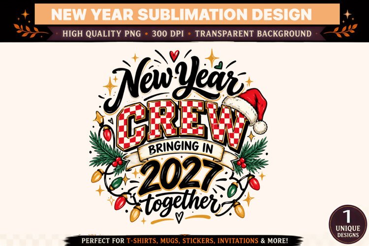 New Year Crew 2027 PNG, Christmas Santa Hat Checkered Typogr example image 1