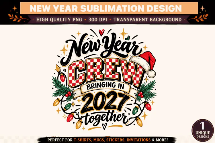 New Year Crew 2027 PNG, Christmas Santa Hat Checkered Typogr