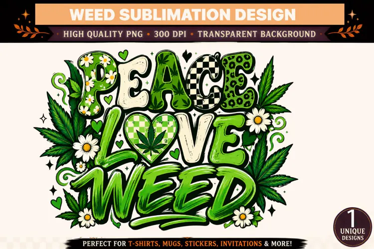 Peace Love Weed PNG, Cannabis Sublimation Design, Green Flor