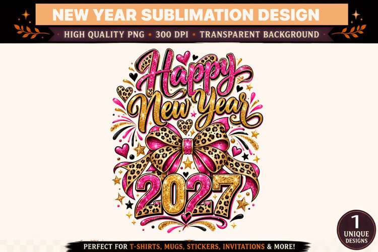 Happy New Year 2027 PNG, Pink Gold Leopard Bow Sublimation D example image 1