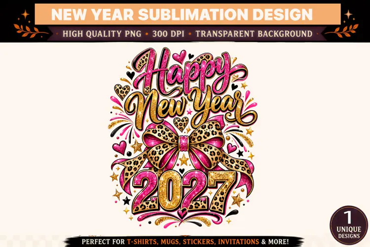 Happy New Year 2027 PNG, Pink Gold Leopard Bow Sublimation D