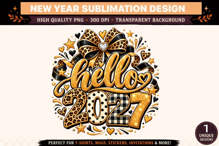 Hello 2027 PNG, Gold Leopard Print New Year Sublimation Desi example image 1