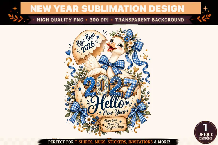Hello New Year 2027 PNG, Cute Baby Goose Sublimation Design,
