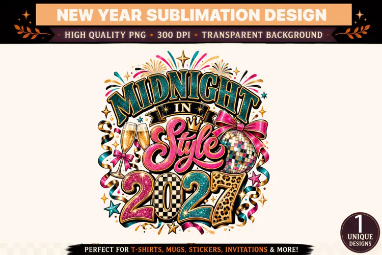Midnight in Style 2027 PNG, Pink Teal Disco Ball New Year Su