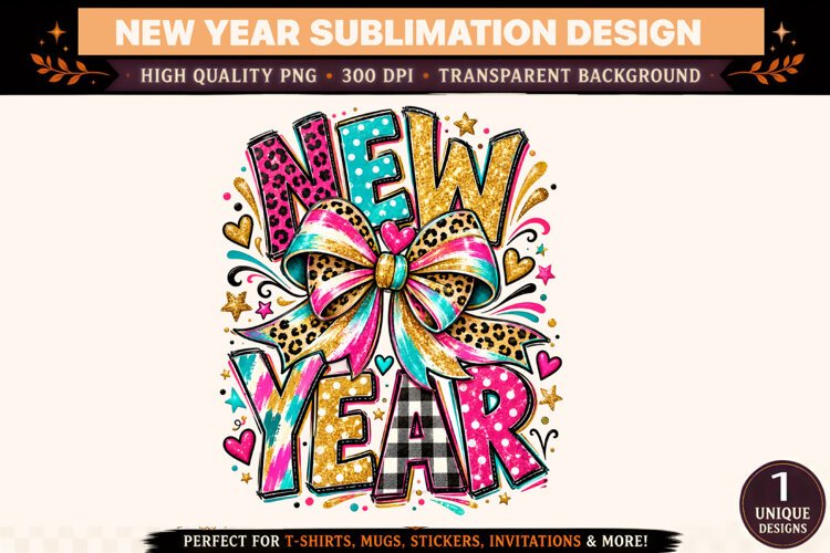 New Year 2027 PNG, Colorful Leopard Print Bow Sublimation De example image 1