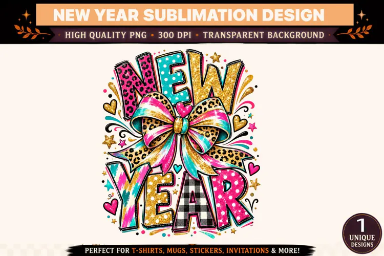 New Year 2027 PNG, Colorful Leopard Print Bow Sublimation De