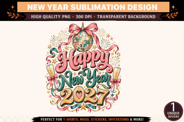 Happy New Year 2027 PNG, Pink Teal Gold Disco Ball Sublimati
