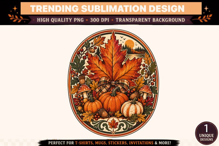 Autumn Pumpkin Maple Leaf PNG, Vintage Fall Harvest Sublimat example image 1