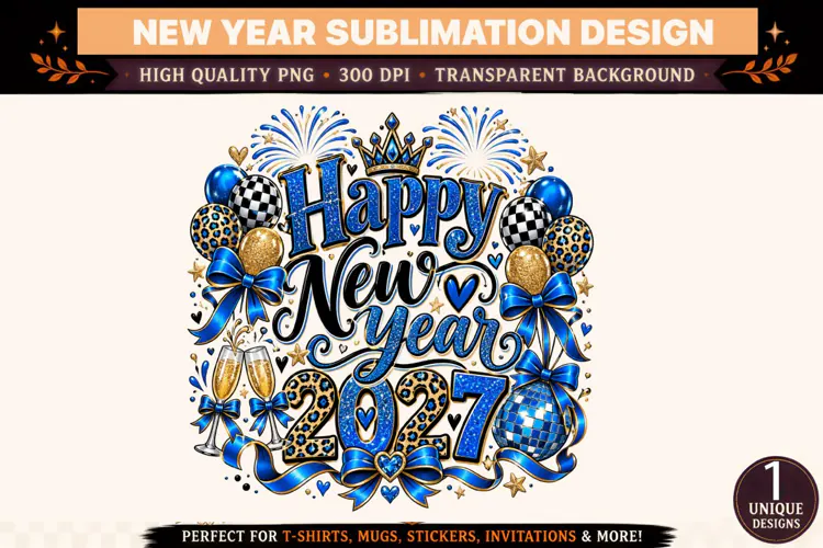 Happy New Year 2027 PNG, Royal Blue Gold Sublimation Design,