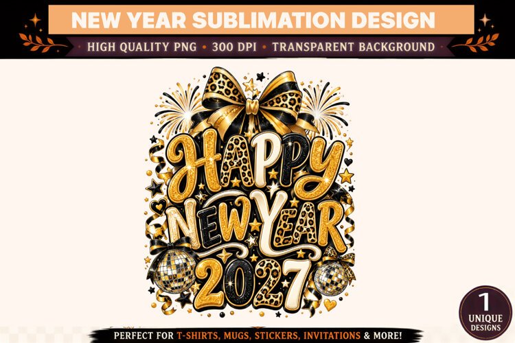 Happy New Year 2027 PNG, Black Gold Leopard Print Sublimatio example image 1