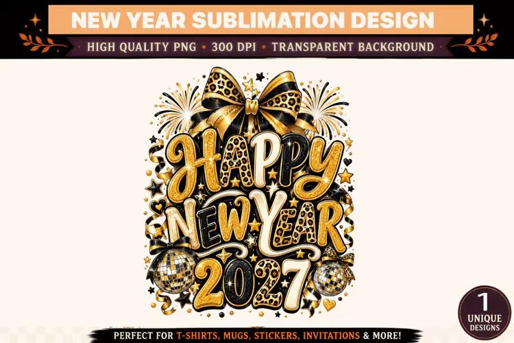 Happy New Year 2027 PNG, Black Gold Leopard Print Sublimatio