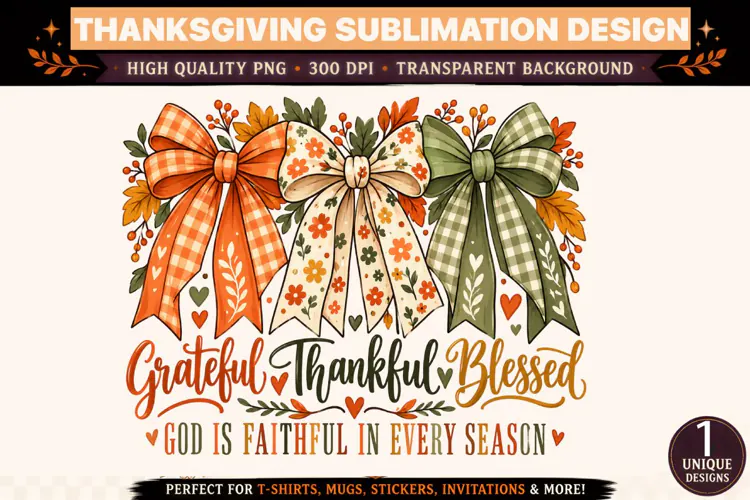 Grateful Thankful Blessed PNG, Fall Thanksgiving Bow Sublima