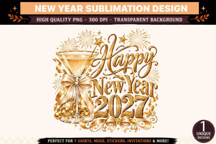 Happy New Year 2027 PNG, Gold Glitter Champagne Glass Sublim