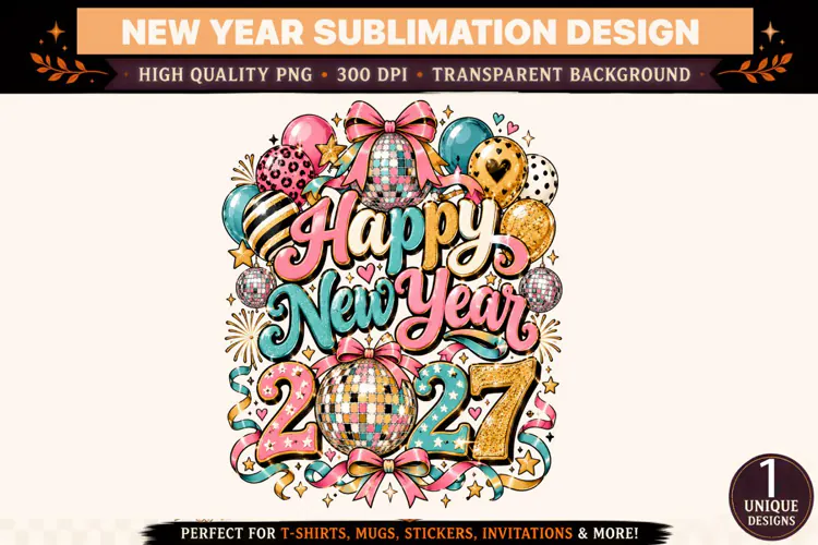 Happy New Year 2027 PNG, Pink Teal Disco Ball Sublimation De