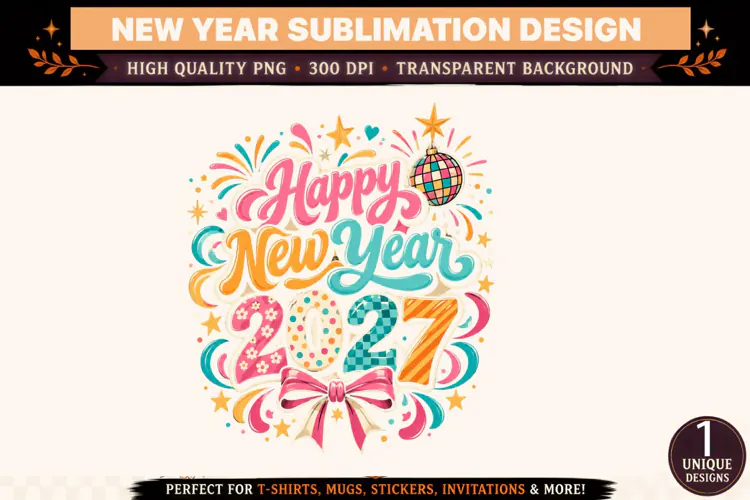 Happy New Year 2027 PNG, Pink Teal Orange Sublimation Design
