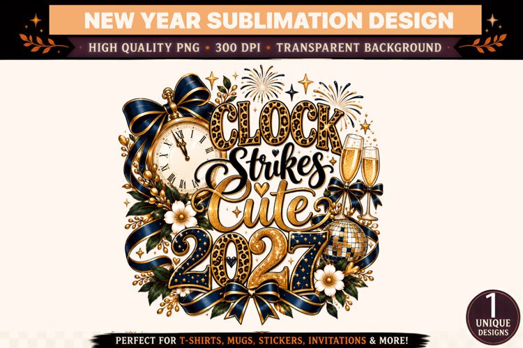 Clock Strikes Cute 2027 PNG, Navy Blue Gold New Year Sublima example image 1