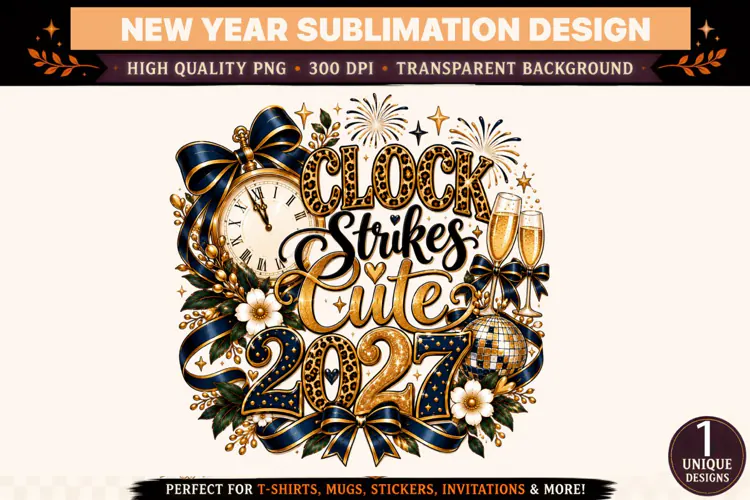 Clock Strikes Cute 2027 PNG, Navy Blue Gold New Year Sublima