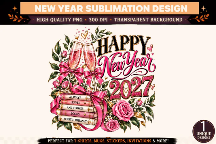 Happy New Year 2027 PNG, Pink Gold Champagne Sublimation Des