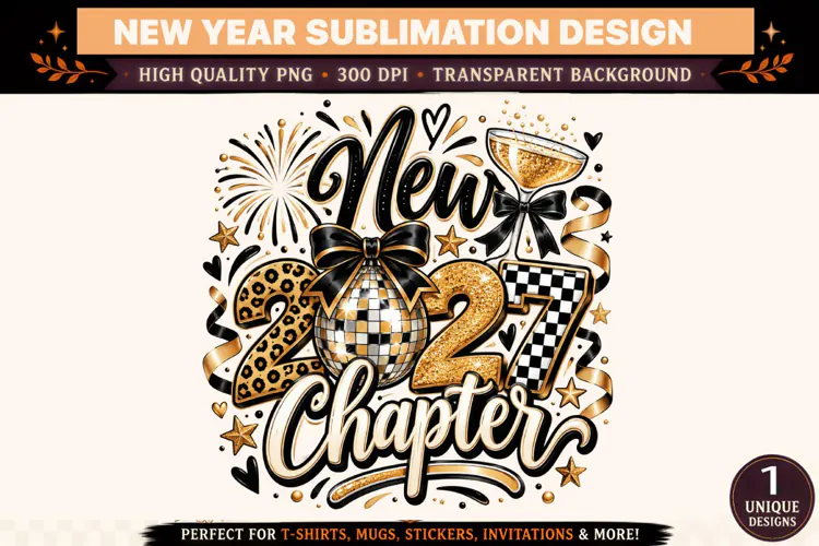 New Chapter 2027 PNG, Black Gold Disco Ball New Year Sublima