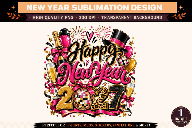 Happy New Year 2027 PNG, Pink Black Gold Disco Ball Sublimat