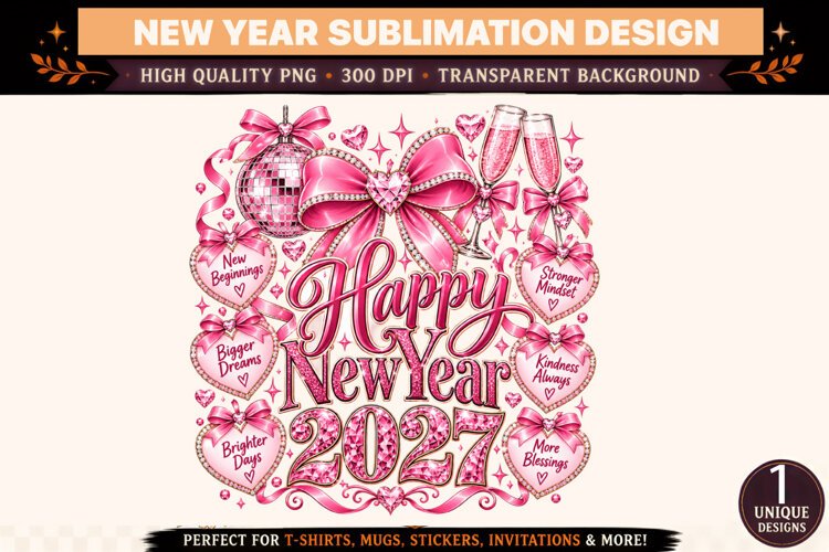 Happy New Year 2027 PNG, Pink Glitter Sublimation Design, Rh example image 1
