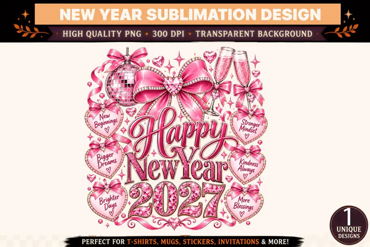 Happy New Year 2027 PNG, Pink Glitter Sublimation Design, Rh