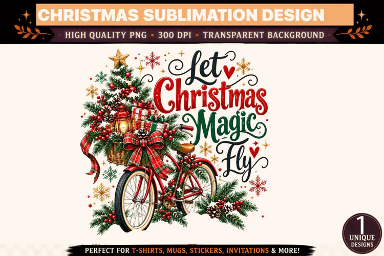 Let Christmas Magic Fly PNG, Vintage Christmas Bicycle Subli