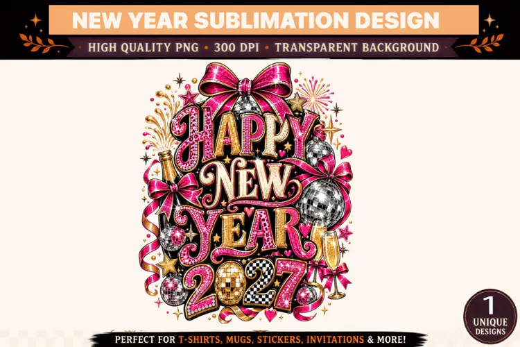 Happy New Year 2027 PNG, Pink Gold Disco Ball Sublimation De