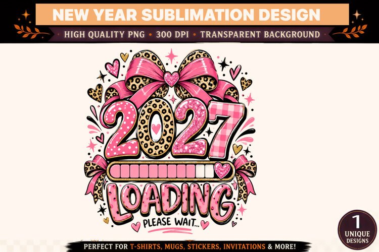 2027 Loading Please Wait PNG, Pink Leopard Print New Year De example image 1