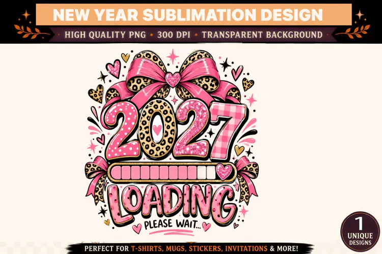 2027 Loading Please Wait PNG, Pink Leopard Print New Year De