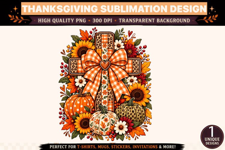 Thanksgiving Cross PNG, Fall Christian Sublimation Design, P example image 1