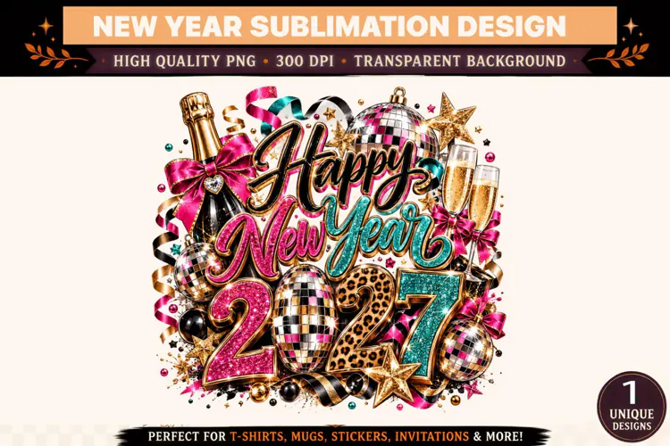Happy New Year 2027 PNG, Pink Teal Gold Disco Ball Sublimati