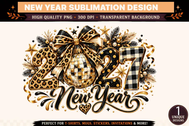 2027 New Year PNG, Leopard Print Gold Black Sublimation Desi