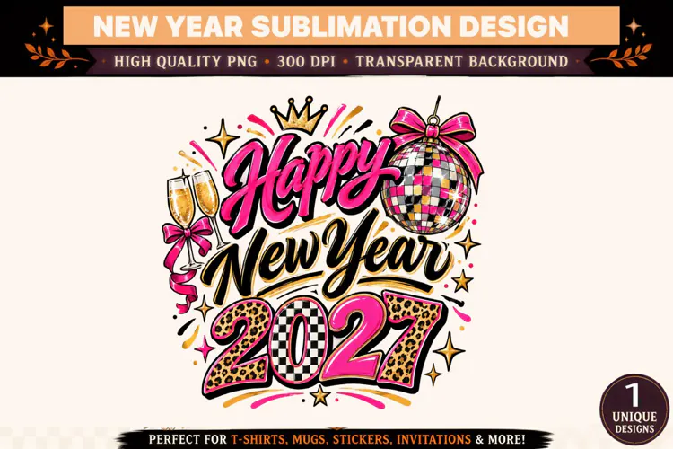 Happy New Year 2027 PNG, Pink Black Gold Disco Ball Sublimat