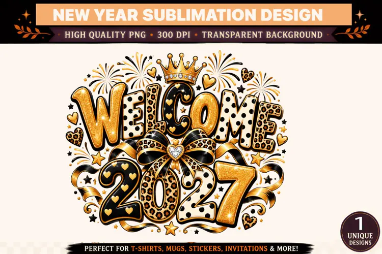Welcome 2027 PNG, Black Gold Leopard Print New Year Sublimat