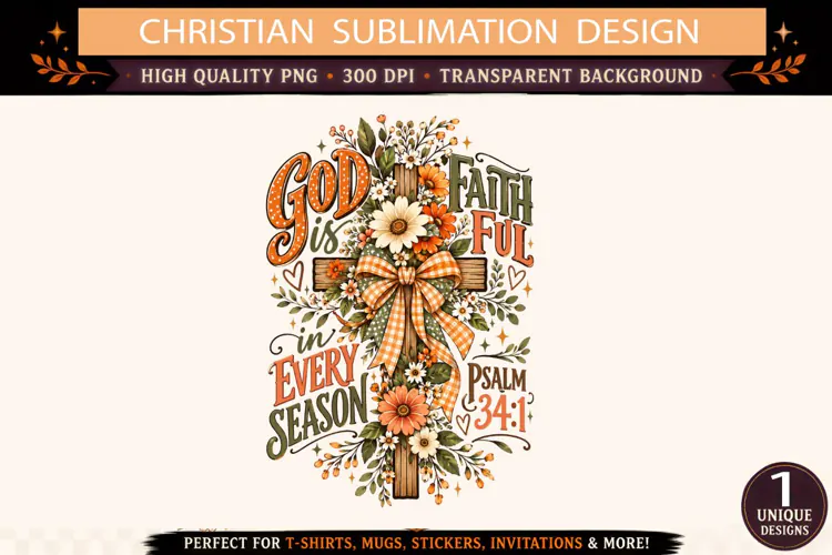God Is Faithful in Every Season PNG, Psalm 34:1 Floral Cross