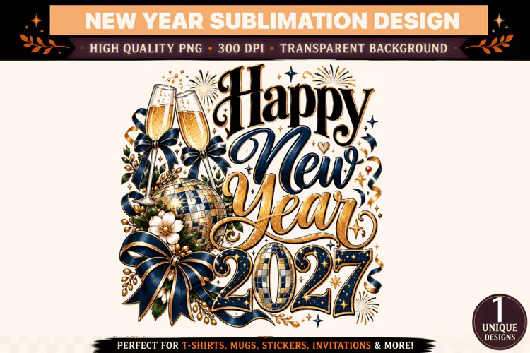Happy New Year 2027 PNG, Navy Blue Gold Glitter Sublimation