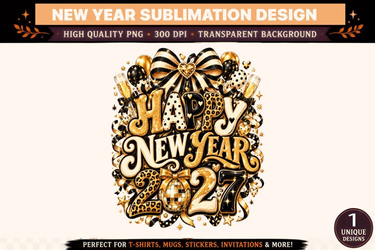 Happy New Year 2027 PNG, Black Gold Leopard Print Sublimatio example image 1