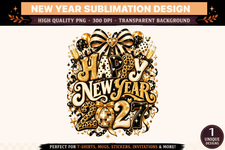 Happy New Year 2027 PNG, Black Gold Leopard Print Sublimatio