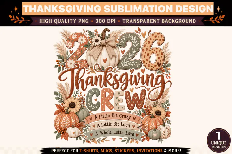 2026 Thanksgiving Crew PNG, Neutral Boho Pumpkin Sublimation