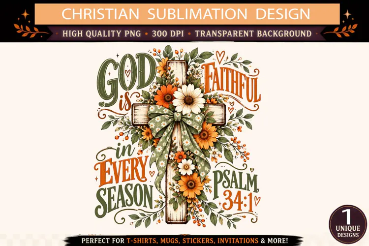 God Is Faithful in Every Season PNG, Psalm 34:1 Christian Fl